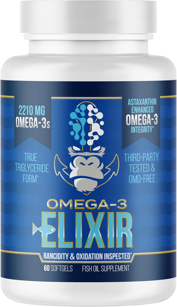 Gorilla Mind Omega-3 Elixir™ | 2210mg Fish Oil Re-Esterified Triglyceride Form | EPA, DHA + 2 Fatty Acids | Astaxanthin Infusion for Bolstered Integrity | 3rd Party & Rancidity Tested | 60 Softgels