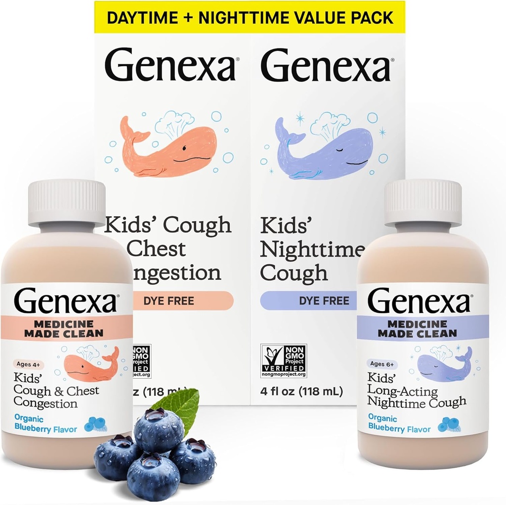 Genexa Kids' Clean Day & Night Cough Medicine, Sans colorant, 0% Additifs artificiels, Toux des enfants, Congestion thoracique, Runny Nez & Éternuement Relief, Ages 6+, Bio Blueberry Flavor, 8 fl oz (2 Pack)