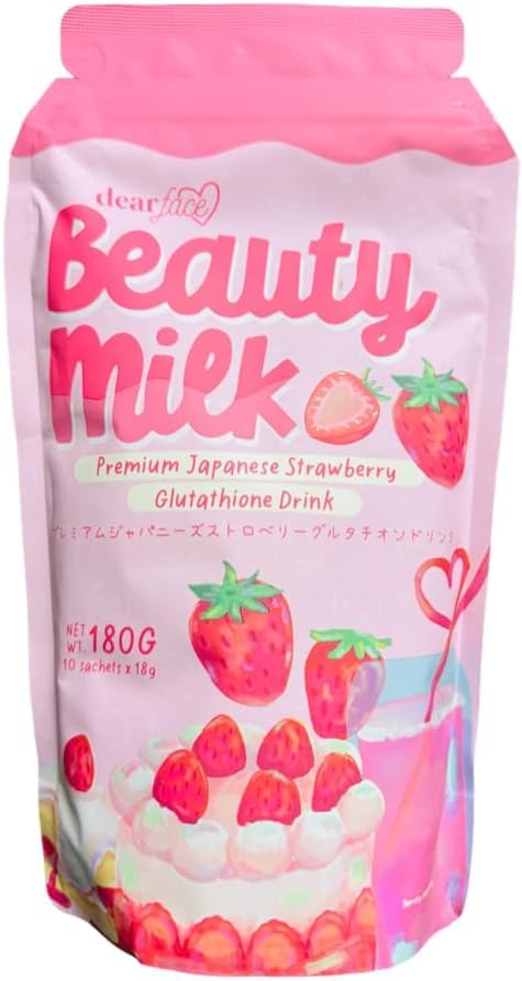Dear Face Beauty Milk Japanese Collagen Strawberry Drink - 50,000mg Hydrolyzed Collagen, 6.3 Ounce