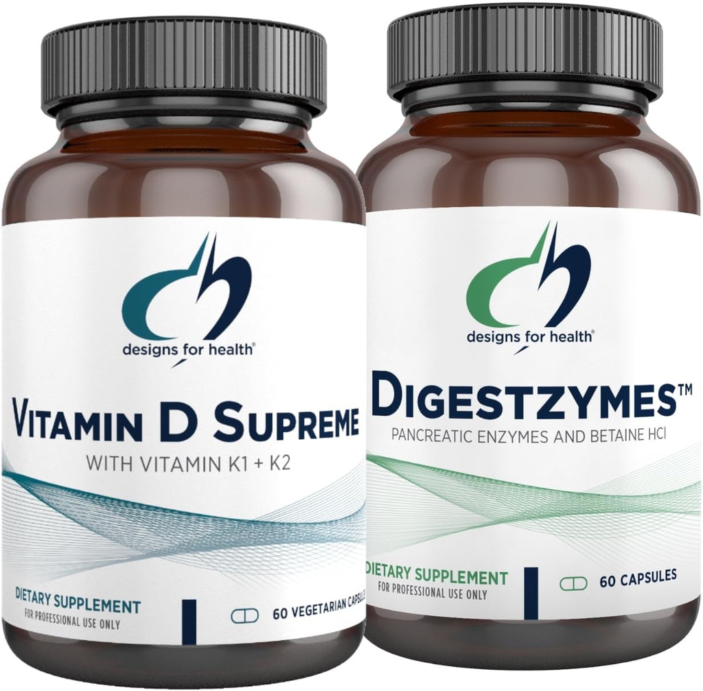 Conceptions pour la santé Vitamine D Supreme + Digestzymes Ensemble d'enzymes digestives - Vitamine D3 5000 UI avec 2000mcg Vitamine + Digestzymes avec HCl Betaine - 2 Produits