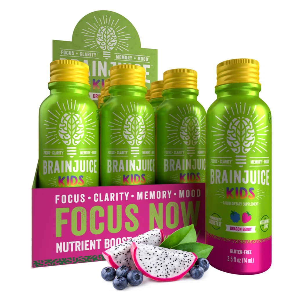 BrainJuice Kids Cerveau & Imune Support Shot, Gluten Free Supplément Shots for Energy, Focus, Immunity with Vitamine D, C, B, Alpha GPC & Organic Ginger Root, Ages 5+, Dragon Berry, 2,5 fl oz, 12 Pack