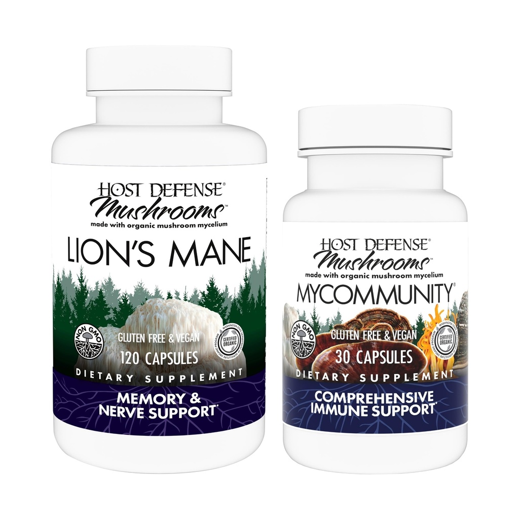 Host Defense Bundle with Lion's Mane Capsules, 120 Count & MyCommunity Capsules, 30 Count - Soutien Brain Health, Memory & Focus - Soutien Immune Health with 17 Species Mushroom Blend*