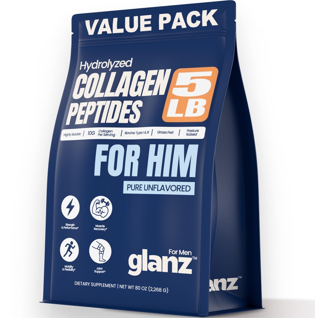 GLANZ Hydrolyzed Collagen Peptides for Men Collagen Powder for Muscle Recovery & Joint Health, Strength & Performance, Unflavored Peptide Powder, Easy Mix Wellness Supplement, 5 lb (7.5 Months Supply)