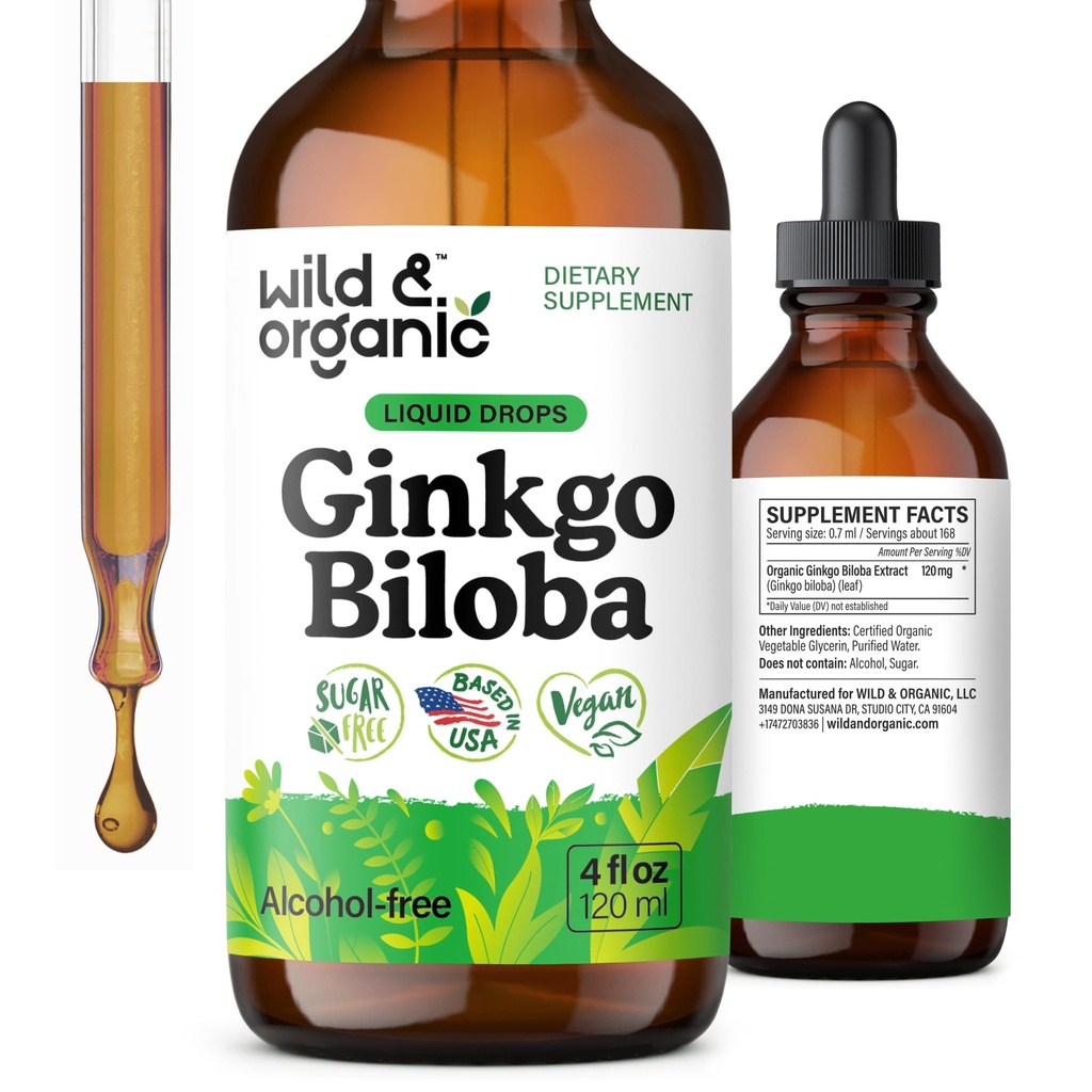 Ginkgo Biloba Extraits sauvages et biologiques - Soutien Cerveau et Focus - Ginkgo Biloba Liquid Suppléments - Teinture végétale, sans sucre et sans alcool - 4 fl oz