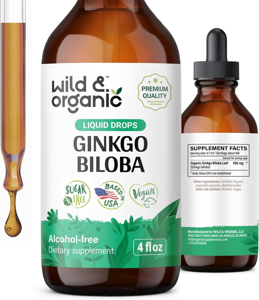 Ginkgo Biloba Extraits sauvages et biologiques - Soutien Cerveau et Focus - Ginkgo Biloba Liquid Suppléments - Teinture végétale, sans sucre et sans alcool - 4 fl oz