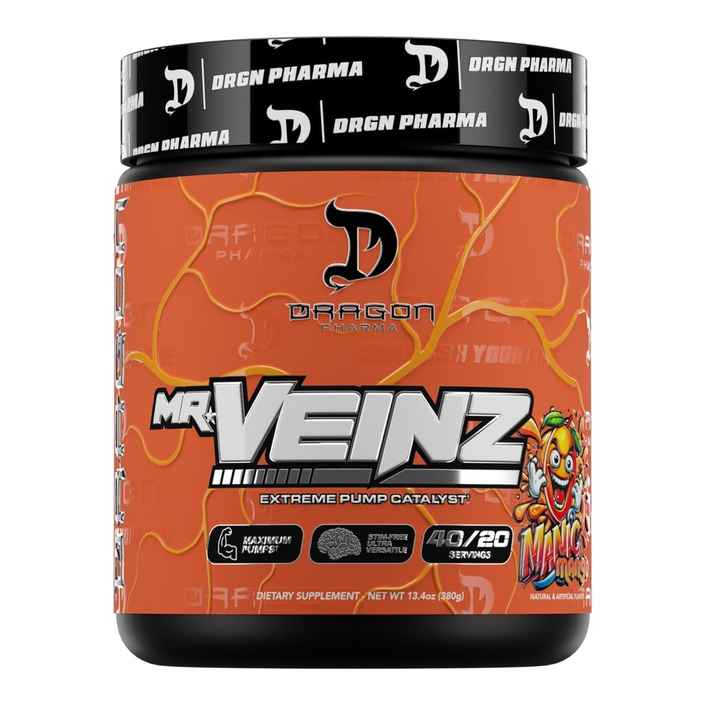 DRAGON PHARMA Mr. Veinz Stim Free Pre-Workout, Extreme Pump & Nootropic Catalyst, Maximize Pumps via Vasodilation & Cell Volumization, Stimulant-Free Formula for Focus (Manic Mango)