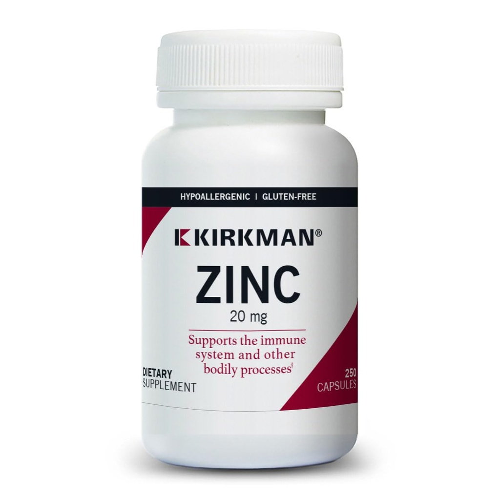 Kirkman - Zinc 20mg - 250 Capsules - Soutien immunitaire - Haute absorption - Hypoallergénique