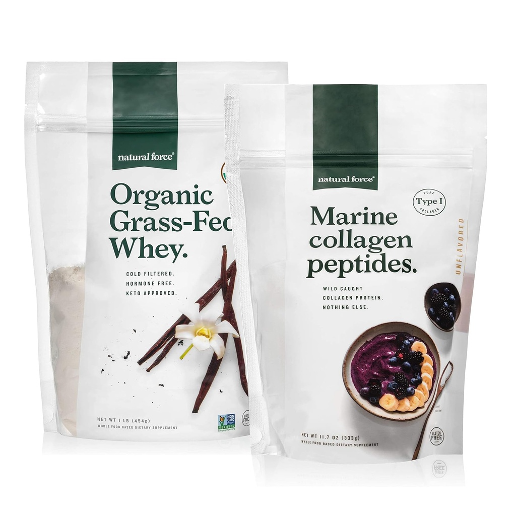 Natural Force Grass Fed Organic Whey Protein Powder Vanilla Flavor 16 oz Clean Marine Collagen Powder 11.7 oz