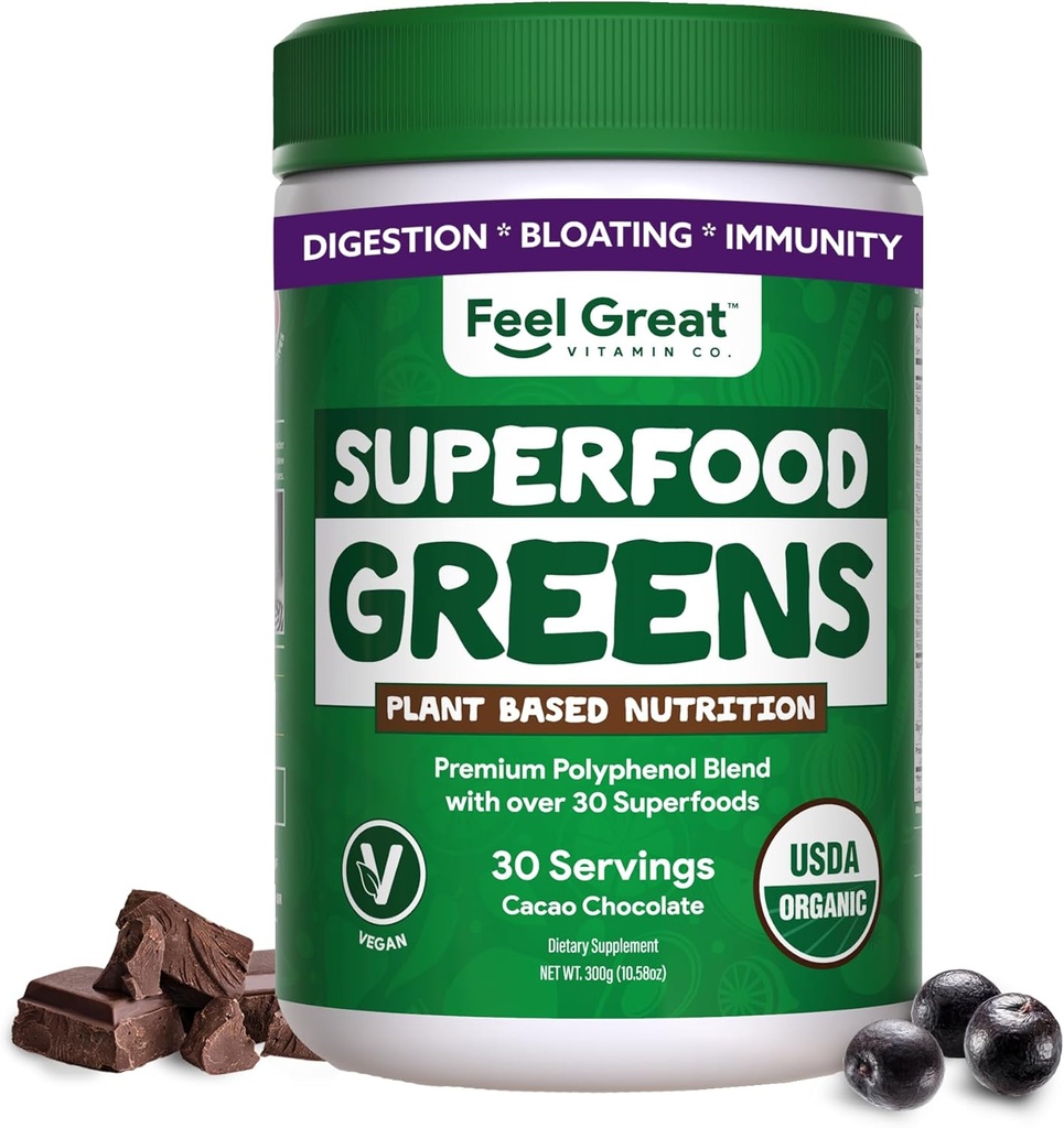 Feel Great Bio Superfood Greens Poudre - Chocolat de cacao , Supplément de fruits et légumes , Plus de 20 verts, fruits et légumes, fibre, probiotiques et enzymes digestives , 30 portions