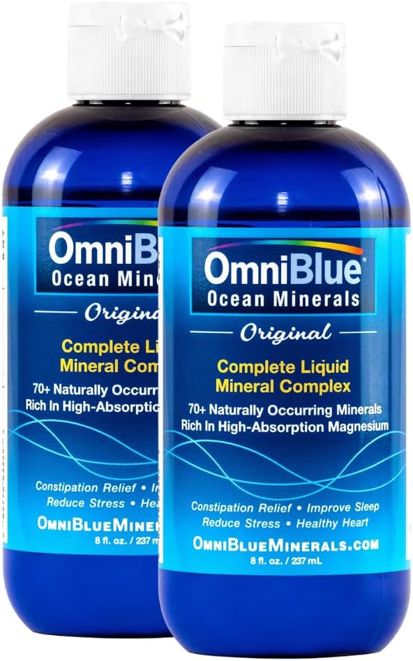 OmniBlue Ocean Minerals - 70+ Trace Minerals & Liquide Magnésium - Potassium, Chlorure- Faible Sodium - Support naturel pour le sommeil, la digestion, la régularité, l'hydratation et le bilan électrolytique (2-Pack 8oz)