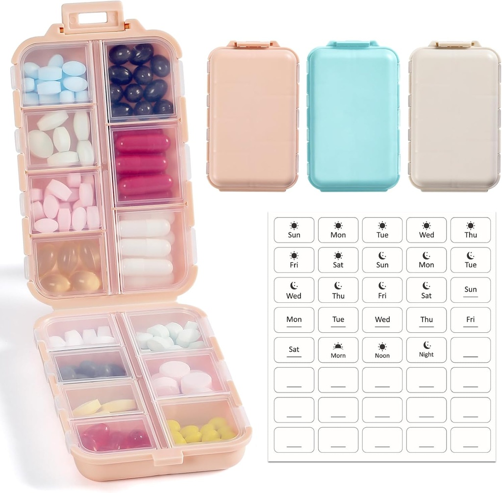 3 Pack, 14 GRIDS Boîte d'organisateur de pilules de voyage avec étiquettes - Trousse de médicaments de voyage - Pocket Daily Pharmacie Conteneur - Distributeur de médicaments de voyage pour l'huile de poisson