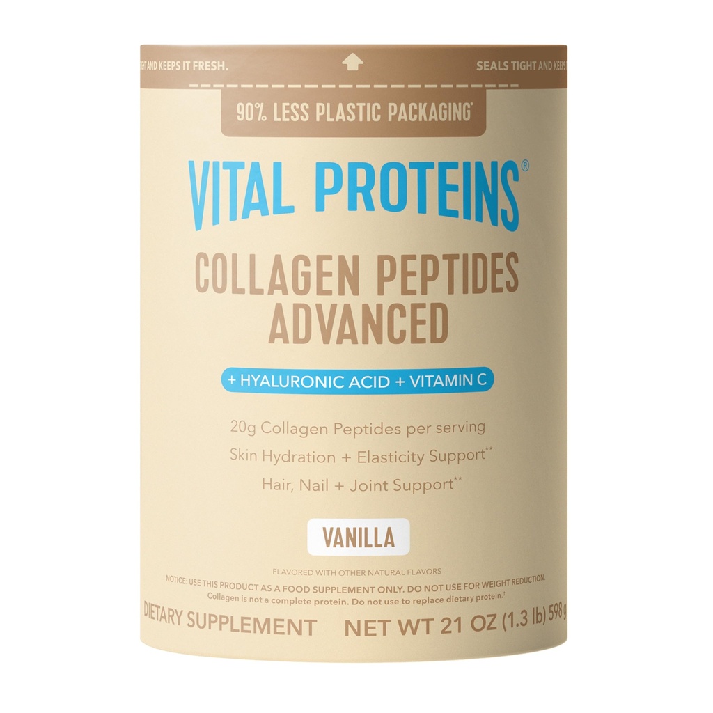 Vital Proteins Collagen Peptides Advanced, Hydrolyzed Peptides with Hyaluronic Acid and Vitamin C - Vanilla Flavor Powder, 21oz