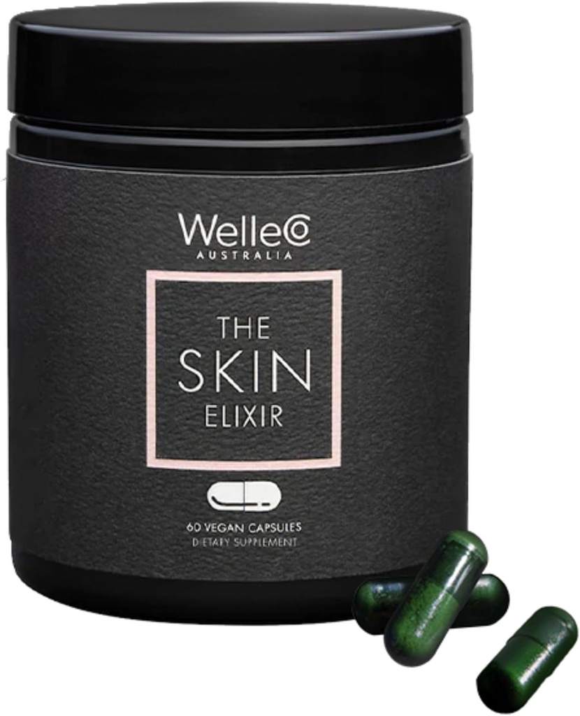 WelleCo La Skin Elixir Greens Powder Capsules avec Zinc, Turmeric, Essential Skin Food, supporte la formation de collagène, sans gluten et vegan Glowing Supplément de peau, fermeté et élasticité, 60 Capsules