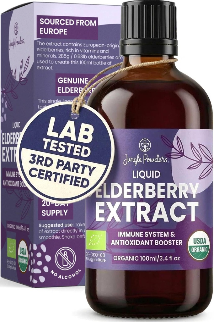 Organic Elderberry Syrup USDA Certified 3.4 fl oz Bottle Liquid Sambucus Elderberry Immune Support Supplement for Kids and Adults Alcohol-Free European Origin Elderberries Extract High Bioavailability