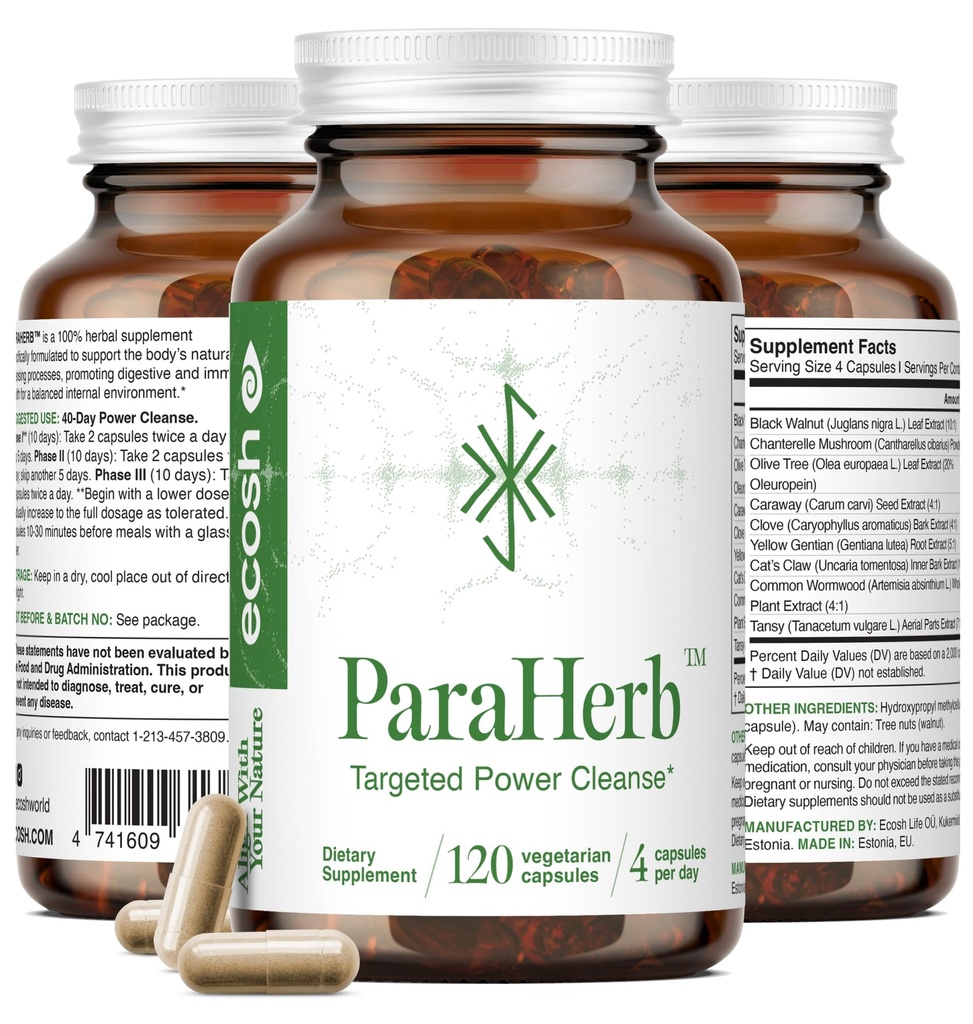 Ecosh ParaHerb™ Wormwood, Black Walnut, Clove & Chanterelle Extract Intestinal Cleanse – Herbal Support for Gut Detox & Digestion | Vegan, Non-GMO, No Fillers | 120 Capsules for Adults