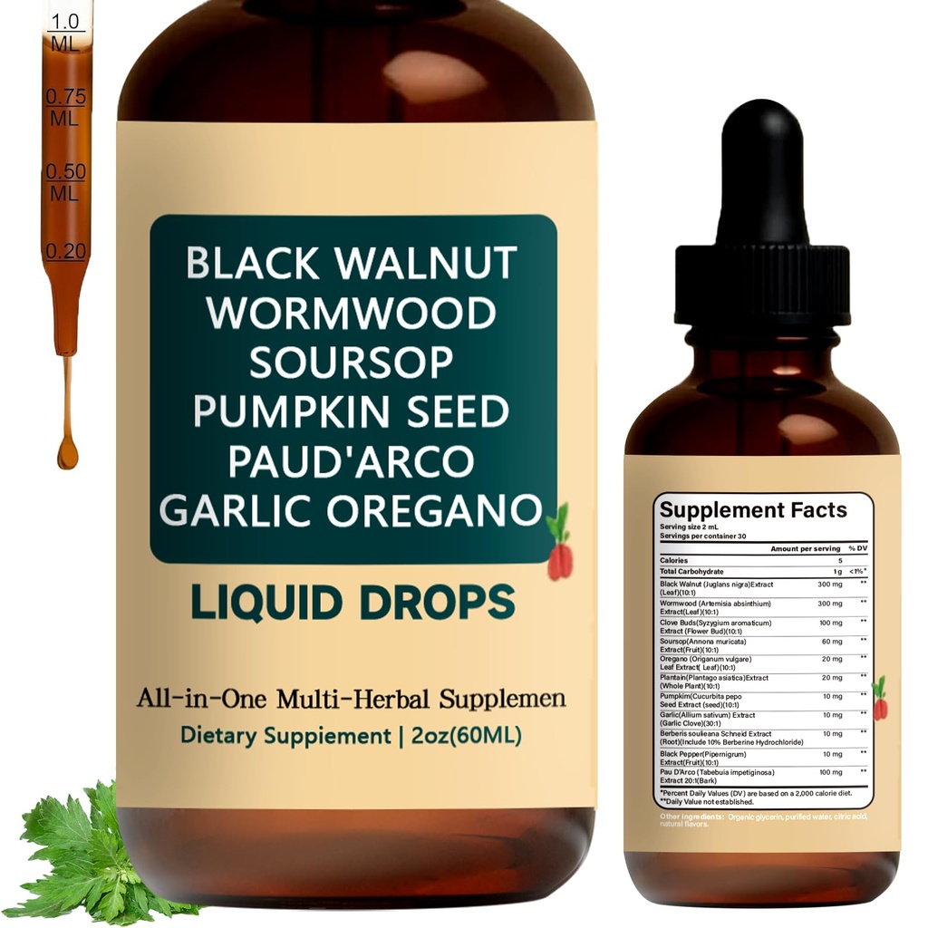 Wormwood Black Walnut Clove Liquid Drops for Gut Cleanse, 7-in-1 Herbal Supplement with Thyme Extract, High Absorption & Fast-Acting Digestive Support, 2oz (1pcs)