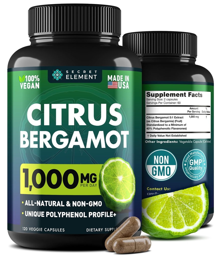 Extrait d'agrumes Bergamot 1000mg - Supplément d'agrumes Bergamot pour le cœur, le système immunitaire et le vieillissement en santé - Capsules de Bergamot pures et végétales