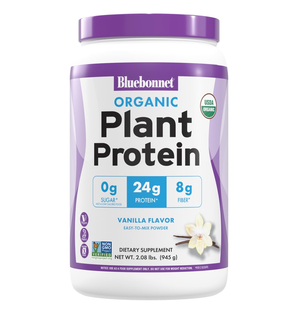 BlueBonnet Nutrition Organic Plant Protein Powder, 24g Plant Based Protein, Zero Sugar, 8g Fiber, USDA Organic, Non-GMO, Kosher, Gluten-Free, Soy-Free, Vegan, Vanilla Flavor, 21 Servings, 2.08 lbs