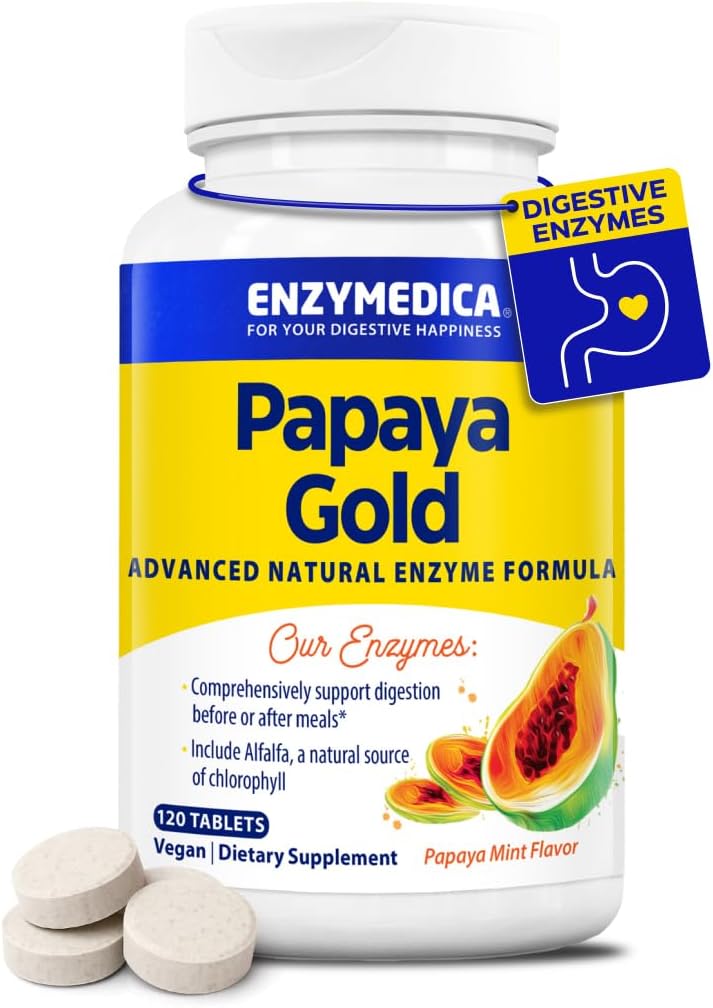 Enzymedica Papaya Gold, enzymes digestives avancées avec la papaye biologique naturelle et la chlorophylle pour un support de digestion complet, bromélain et papaine haute puissance, végétalien, menthe, 120 comprimés à croquer
