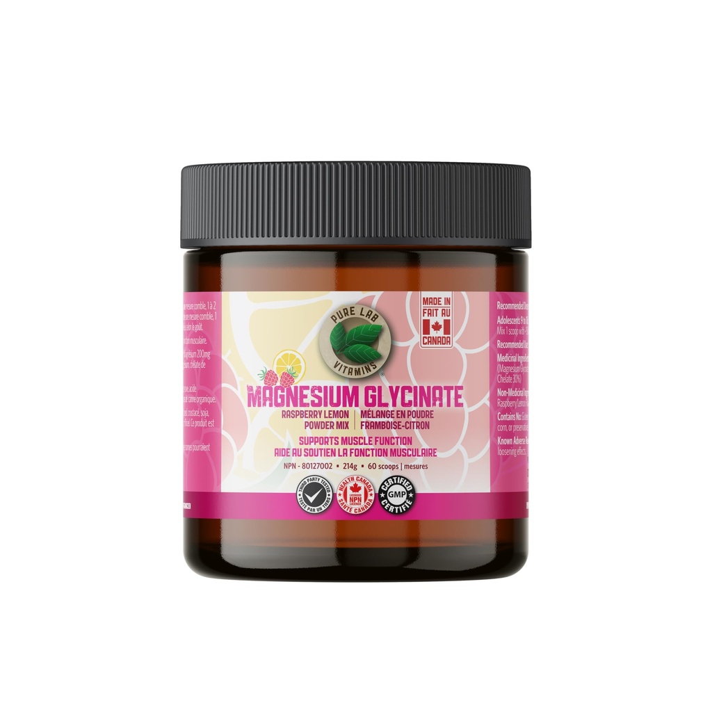 Pure Lab Vitamins - Magnesium Glycinate Raspberry Lemon Powder Mix, 214g - Magnesium Supplement for Muscle Cramps, Relaxation Sleep Support, Healthy Bones and Teeth
