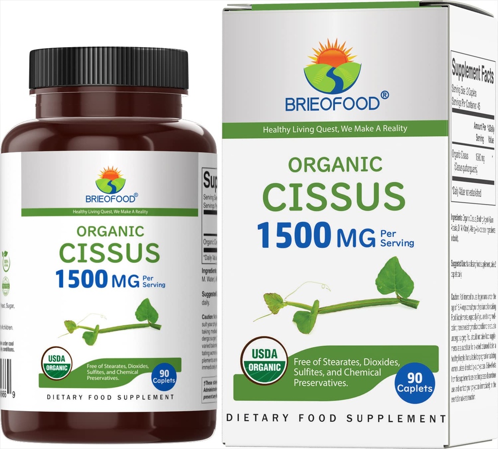 Brieofood Biologique Cisus Quadrangularis 1500mg, 45 portions, végétarien, sans gluten, 90 comprimés végétariens