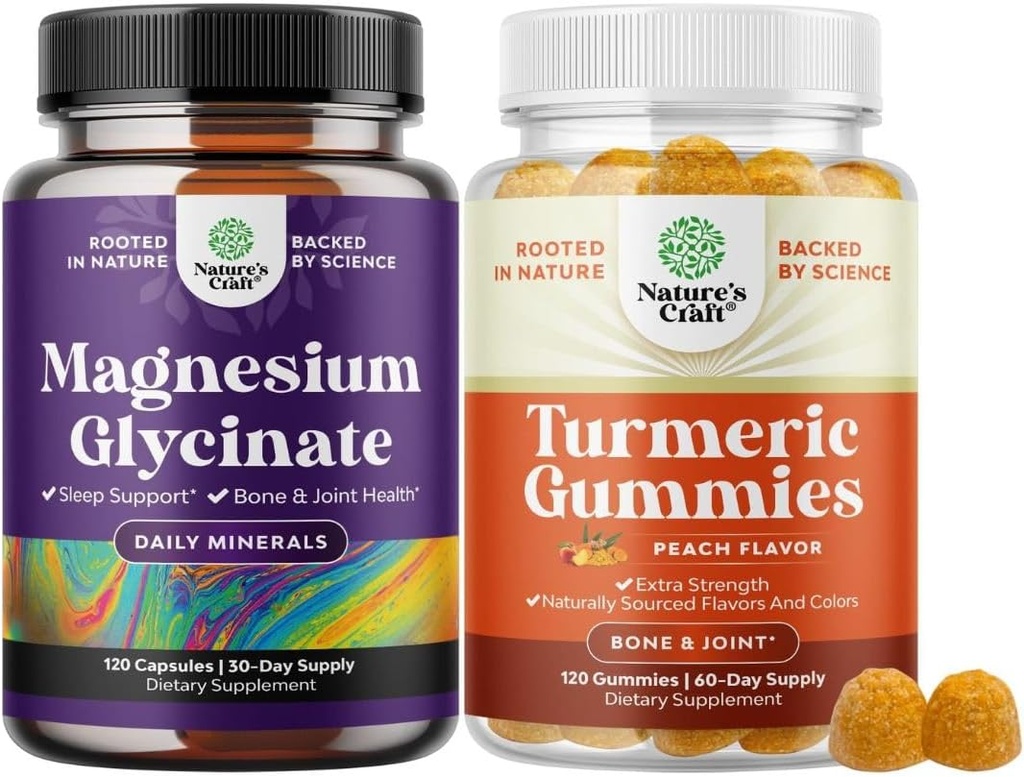 Ensemble de Glycinat de Magnésium pur 400mg par portion pour le sommeil d'humeur et la relaxation et les gummies curcuma pour adultes Peach Flavor - Soutien articulaire extra-fort