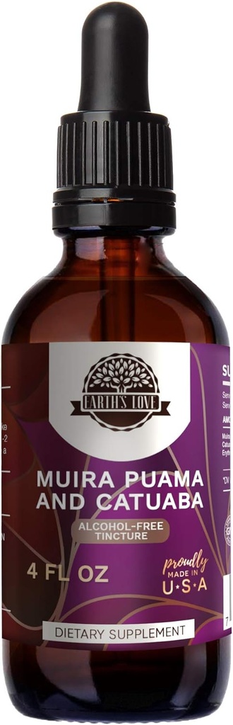 Earth's Love - Muira Puama and Catuaba Alcohol-Free Herbal Extract Tincture, Super-Concentrated (Ptychopetalum Olacoides and Trichilia catigua, Erythroxylum vacciniifolium) Dried Herbs (4 Fl Oz)