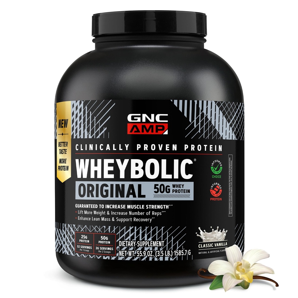 GNC AMP New Wheybolic- Clinically Studied Whey Protein Powder for Workouts & Active Lifestyles- High Leucine Content- Smooth Mixing Drink Mix for Fitness Shakes- Classic Vanilla- 55.9 Oz (26 Servings)