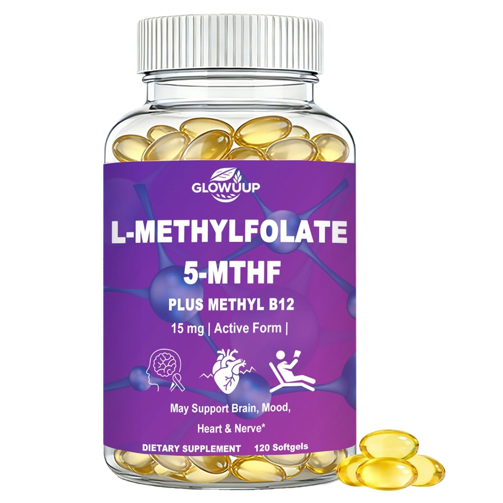 L Methylfolate 15mg Softgels, 5-MTHF Active Folate Plus Methyl B12 B6 B2, Extra Strength Methylation & Homocysteine Support, Vegan, Non-GMO 120 Count (4 Month Supply)