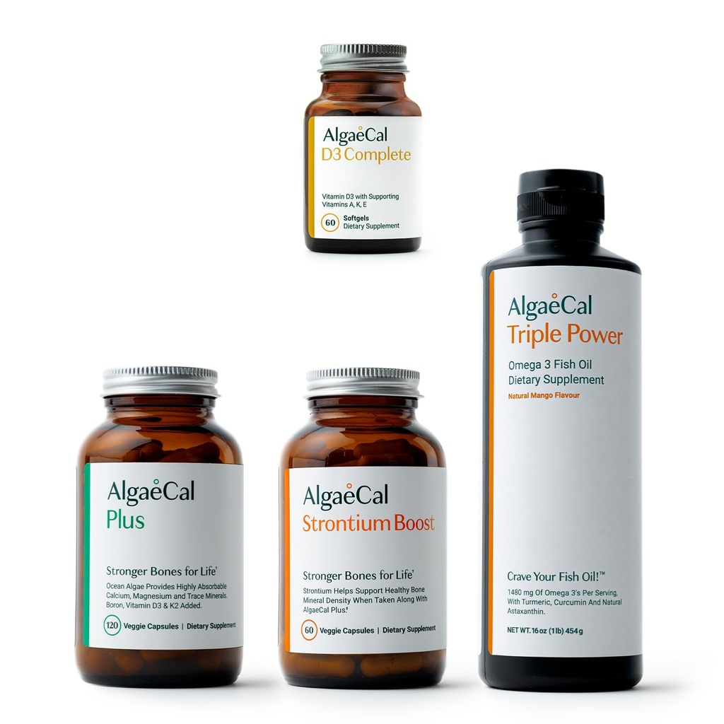 ALGAECAL Ultimate Bone Bundle - D3 Complete (1000 UI) + K2, Vitamine E, Vitamine A et Calcium à base végétale pour augmenter la densité osseuse et Omega 3 Huile de poisson avec 1200mg EPA DHA