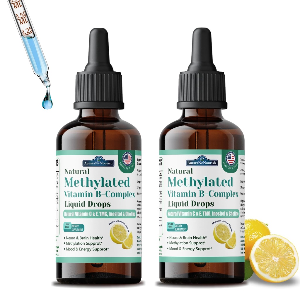 2 Pack Methylated B Complex Liquid, 9-in-1 Methyl B Vitamin w. Methylfolate 5-MTHF Inositol Choline Riboflavin TMG & Methyl B12 Vitamin C E, Super B Complex Multivitamin for Energy Mood & Brain Health