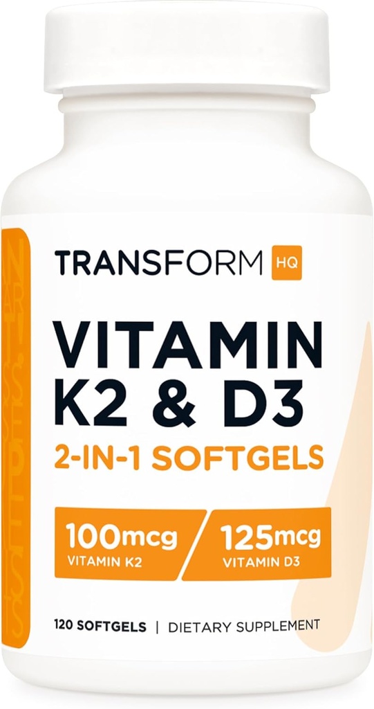 Transformer la vitamine K2 (MK7) (100mcg) + la vitamine D3 (5000 UI) 120 softgels - sans gluten et sans OGM