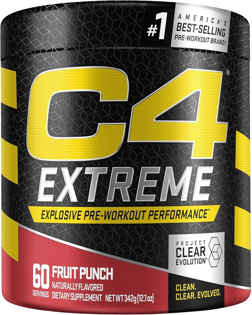 C4 Extreme Pre Workout pulvérisateur punch Fruits de pré-entraînement Supplément énergie pour les hommes et les femmes de 200mg Caféine + Beta Alanine + Créatine de 60 portions