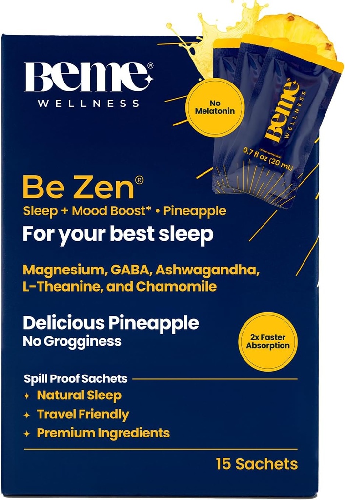 BeMe BeZen Supplément aide au sommeil naturel sans mélatonine - 2X Absorption que les pilules - Aides au sommeil pour les adultes avec Magnésium, Ashwagandha, Camomile, L-Theanine et GABA - Delicious Ananas