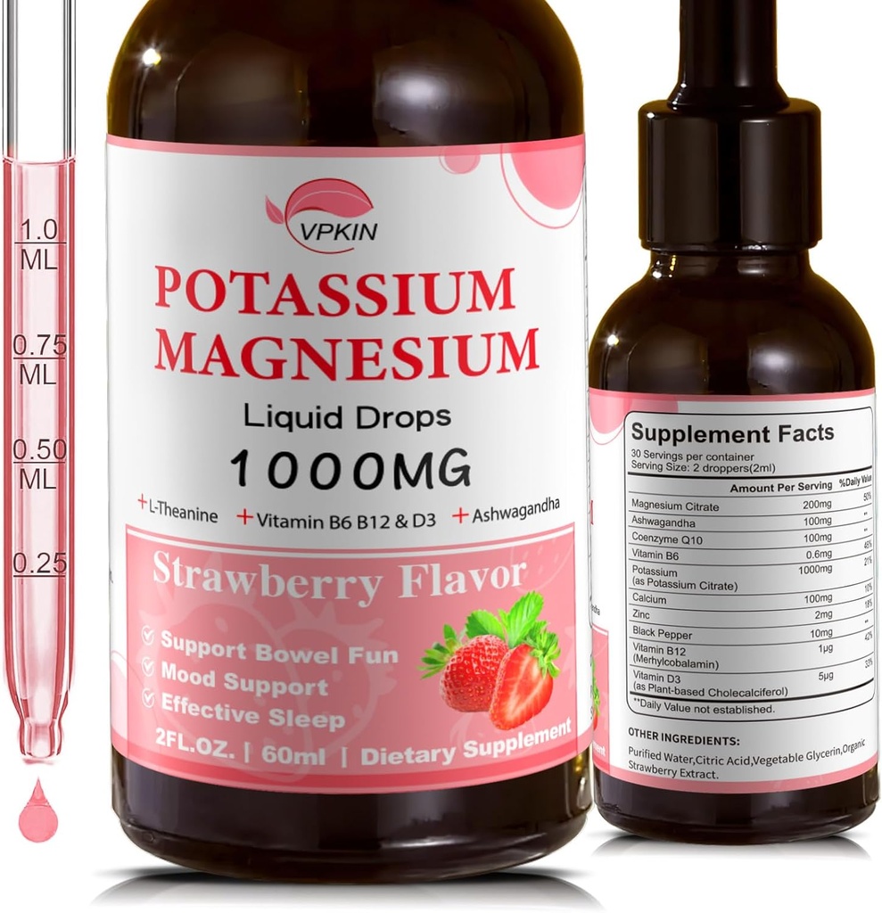 Potassium Magnesium Citrate Supplement,Magnesium Liquid Drops with Magnesium Glycinate 1000mg with Ashwagandha,Zinc,Support Clam & Support Immune System(Strawberry,2 FL.OZ.)