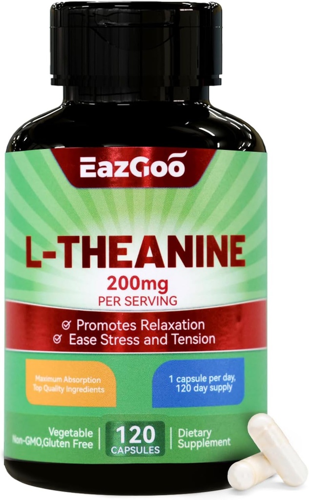 L-Theanine 200mg, supplément acide amino pour soutenir la relaxation, le stress, L Theanine Capsules - non-OGM, sans gluten, 120 capsules de légumes