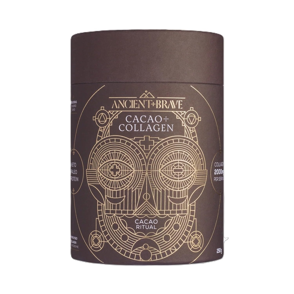 Ancient + Brave Cacao + Collagen Powder 16oz (Ap 25 Servings), Peruvian Raw Cacao Hot Chocolate with Hydrolysed Bovine Collagen, Premium Blend of Organic Cocoa, Ashwagandha & Baobab, High Protein, Keto Friendly