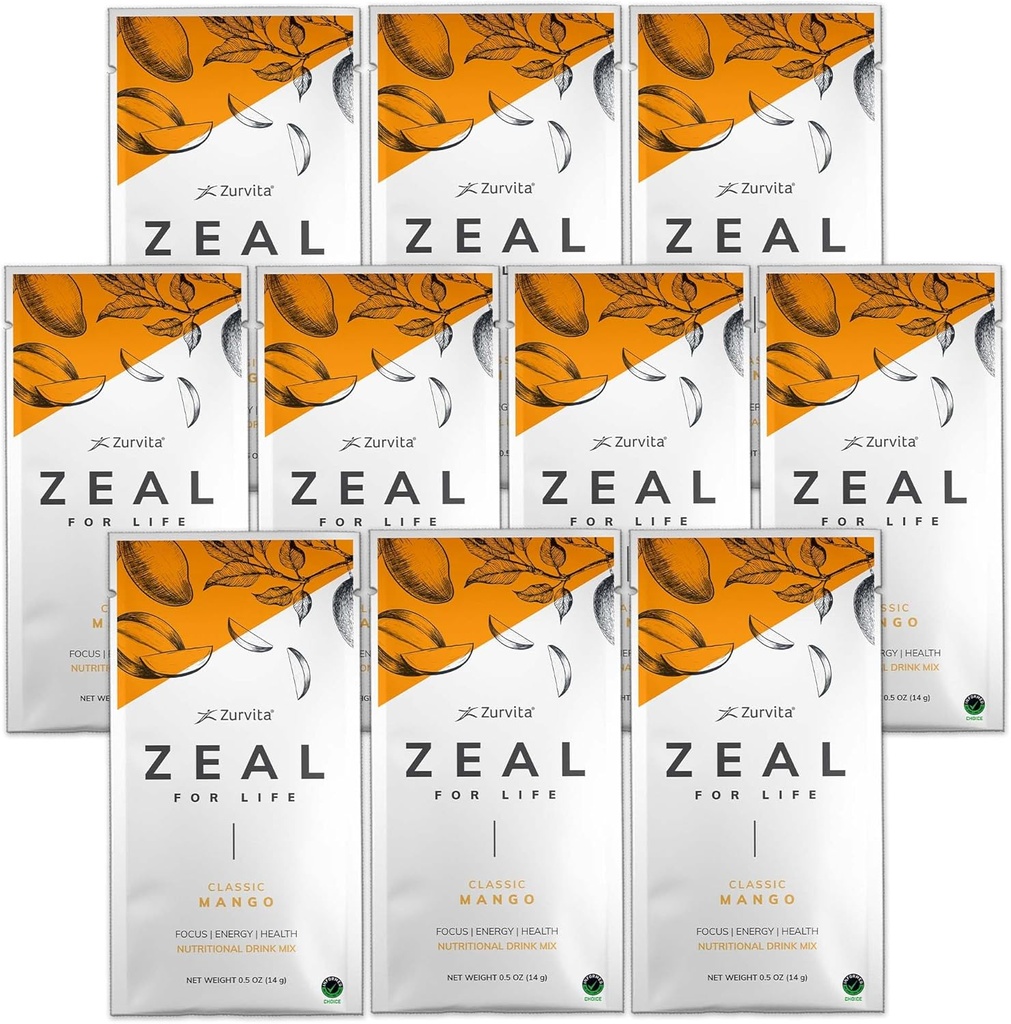 Zurvita - Zeal for Life Wellness Drink Mix - Classic Mango Flavor - Sans gluten, végétalien, avec biotine, vitamines et minéraux pour la santé - 10 paquets