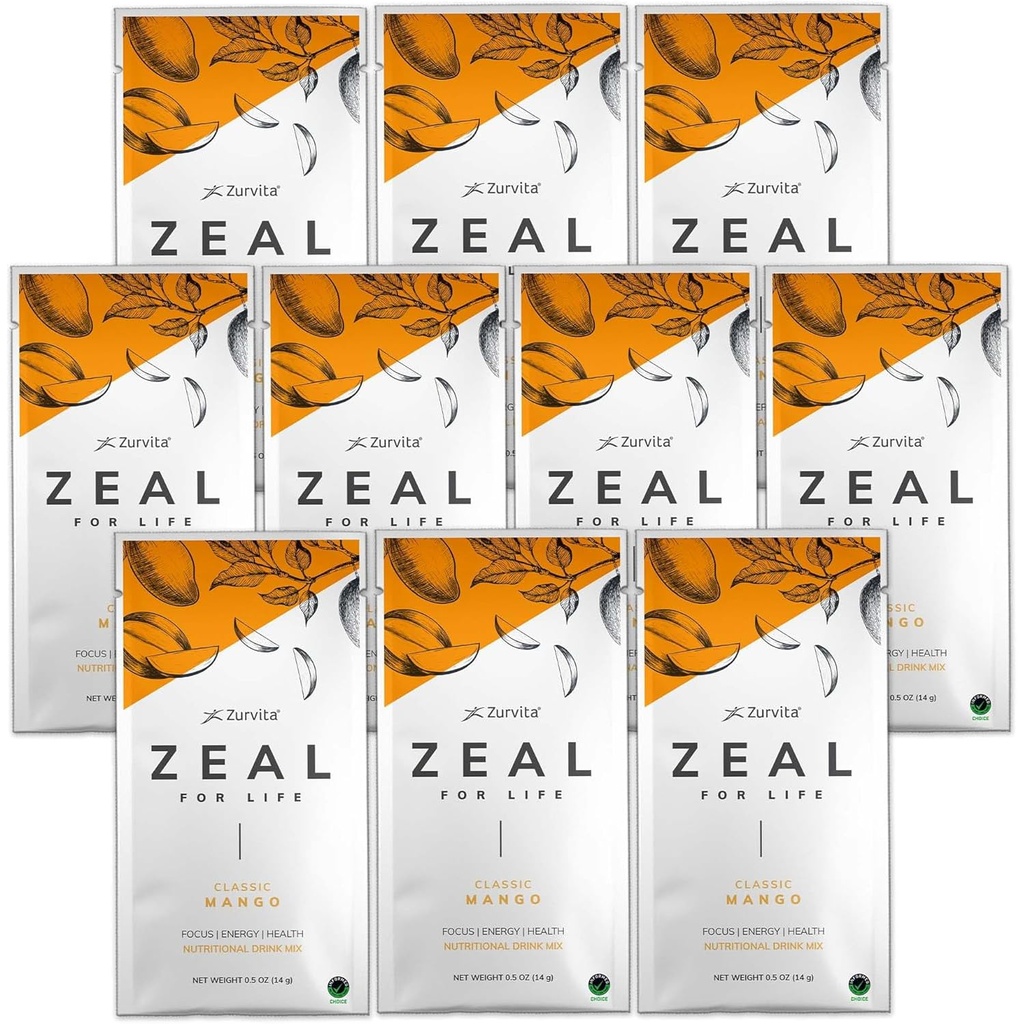 Zurvita - Zeal for Life Wellness Drink Mix - Classic Mango Flavor - Sans gluten, végétalien, avec biotine, vitamines et minéraux pour la santé - 10 paquets