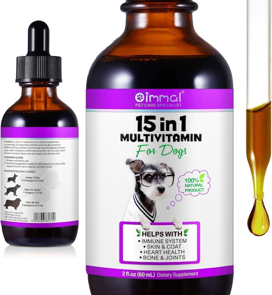 15 in 1 Dog Multivitamin Drops for Dogs - Dog Vitamins & Supplements Natural Dog Multivitamins and Minerals - Glucosamine, MSM for Skin & Coat, Heart Health, Bones, Joint, Immune System Support