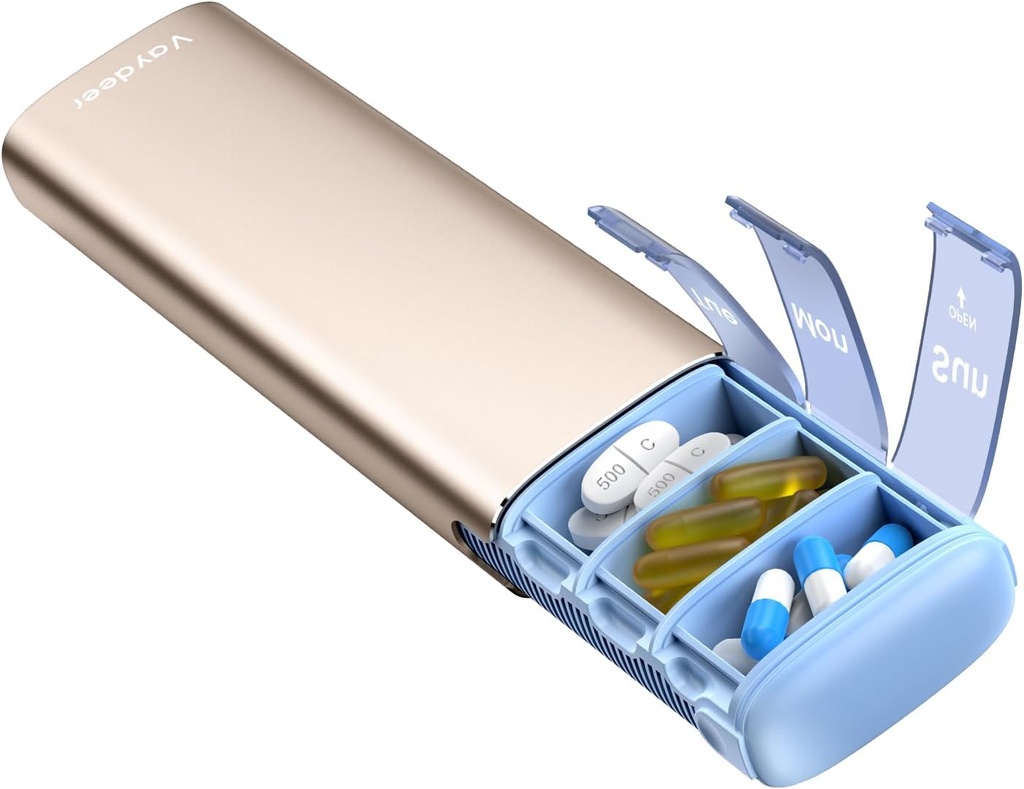 Vaydeer Metal Pill Organisateur, boîte à pilules hebdomadaire de 7 jours, étui quotidien à pilules mignons de grande capacité pour suppléments, pilules, vitamines et médicaments (petit, Champagne)