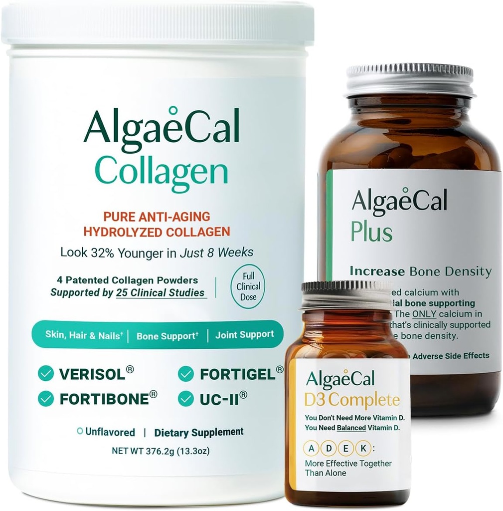 ALGAECAL Calcium, vitamine D3 et ensemble de collagène – Collagène hydrolysé avec Vérisol, Fortibone et Fortigel cliniquement soutenu, plus Calcium, vitamine ADEK, et minéraux traces pour la santé des os et anti-âge