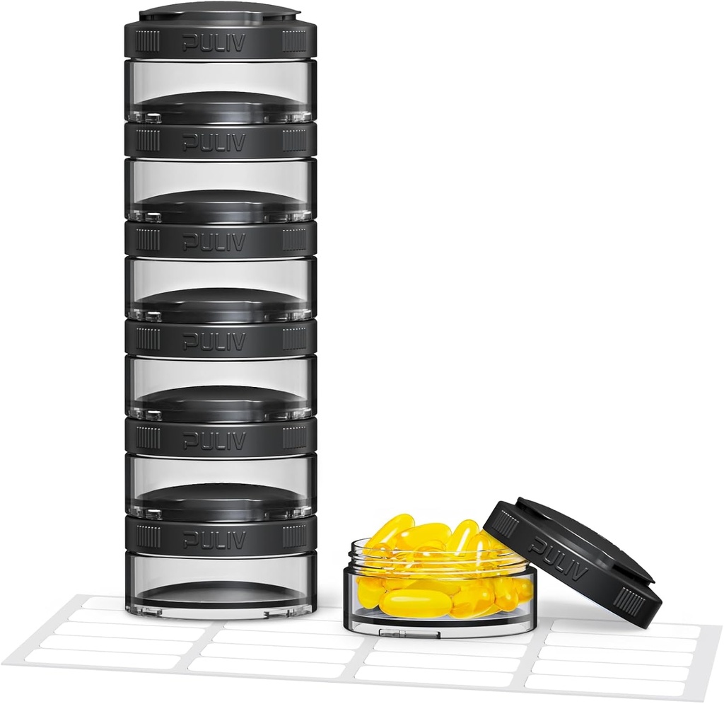 PULIV Stackable Weekly Pill Organizer pour une utilisation flexible, grand cas de boîte à pilules de voyage 7 jours avec larges ouvertures pour la récupération et le remplissage facile, sans BPA, 20 Stickers, tient les vitamines, suppléments, huiles de poisson