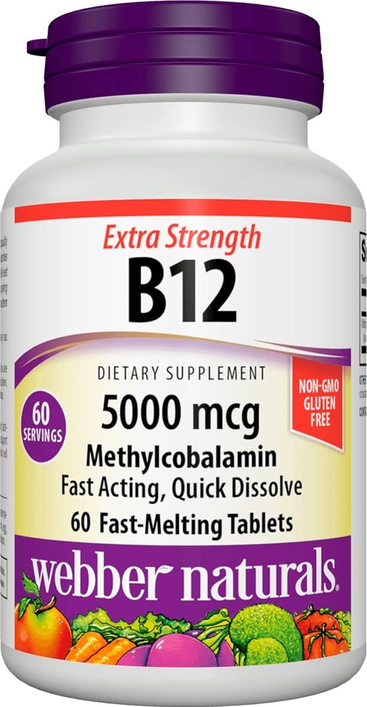 Webber Naturals Vitamine B12 5000 mcg, 60 Compte, comprimés à dissolution rapide, supplément de vitamine pour le métabolisme de l'énergie, immunitaire et la santé cardiaque, formule végétarienne, 60 jours d'approvisionnement