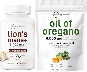 Micro Ingrédients Huile d'Oregano Softgels 300 Comte & Lions Mane Supplément 240 Capsules Veggie Pack 2 Carvacrol & Thymoquinone