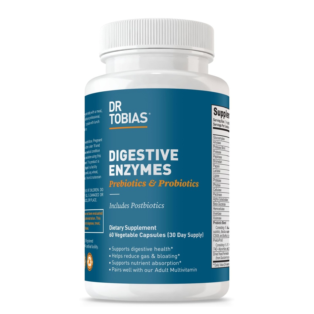 Dr Tobias Enzymes digestifs avec probiotiques, prébiotiques et postbiotiques Bromelain, Amylase, Lipase, pour une meilleure digestion et une meilleure fonction immunitaire, 60 Capsules, 30 portions (2 par jour)
