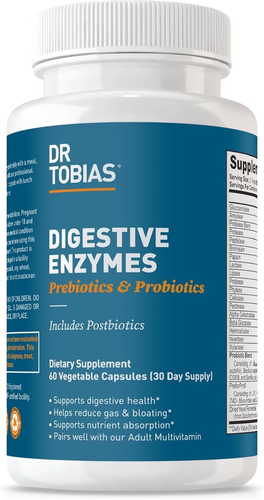 Dr Tobias Enzymes digestifs avec probiotiques, prébiotiques et postbiotiques Bromelain, Amylase, Lipase, pour une meilleure digestion et une meilleure fonction immunitaire, 60 Capsules, 30 portions (2 par jour)