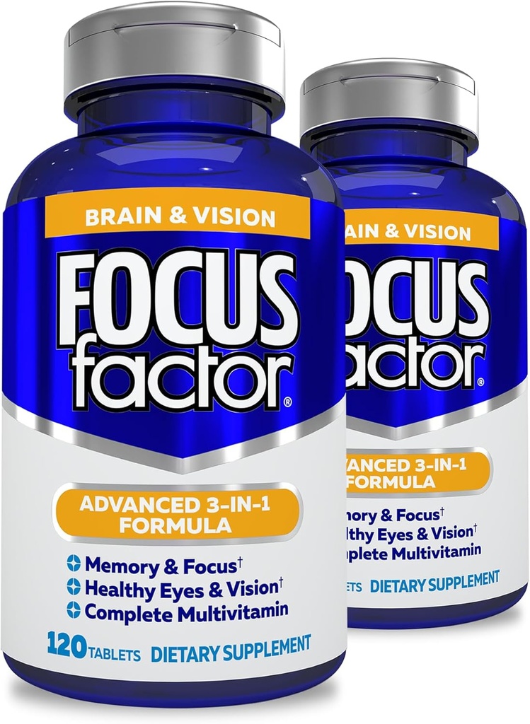 Focus Factor Adultes Supplément Cerveau et Vision, 120 Count- Vitamine oculaire, Supplément minéral, Multivitamine complète avec Lutéine et Zeaxanthin-Brain Supplément pour Focus, Concentration, Mémoire (2 Pk)