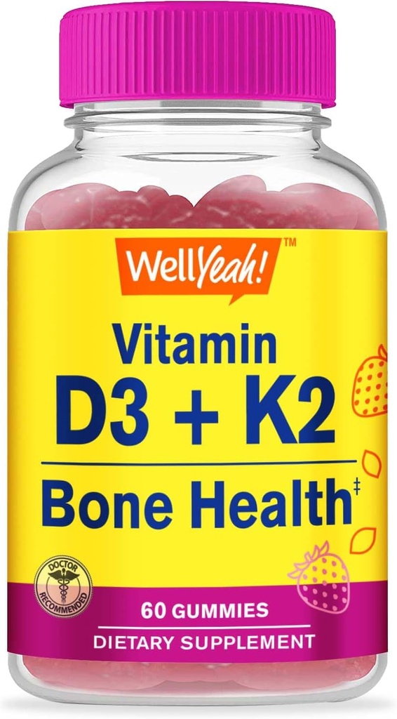 WellYeah Vitamin D3 + K2 Gummies - Vitamin D3 1000 IU, K2 100 MCG - Bone and Muscle Health Support, Natural Flavors, GMO Free, Gluten Free, Vegan - K2 D3 Vitamin Supplement- 60 Gummies