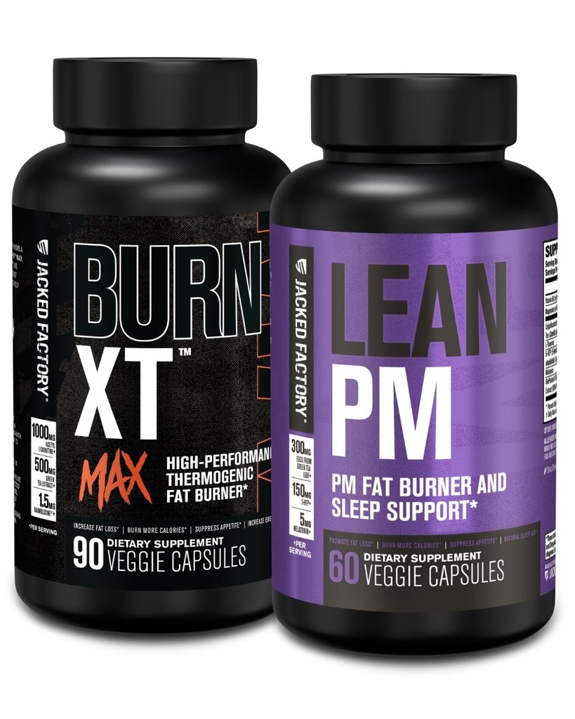 Jacked Factory 24/7 Fat Burner Stack - Brûler XT MAX Fat Burner haute performance (90 capsules) - Lean PM Nighttime Sleep Support for Weight Loss and Appetite Suppression (60 capsules)